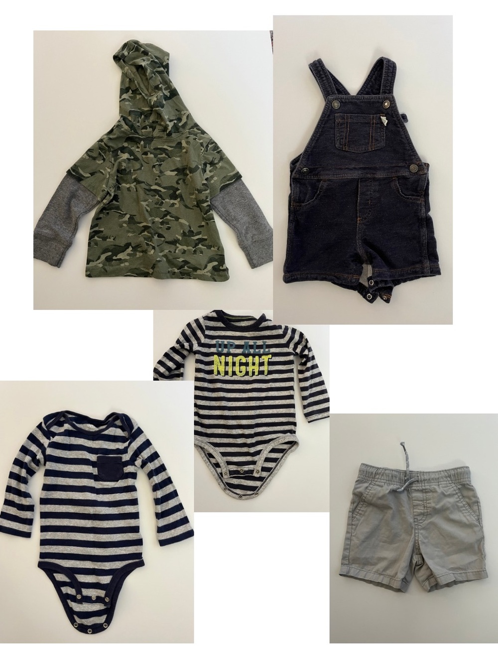 Boys 18 mo-  Camo Hoodie, Navy Overalls, striped onesies, and Gray Shorts